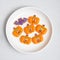 Happy Halloween day with funny Cookies, different Pumpkin biscuits on plate. Trick or Threat, Hello October, fall autumn,