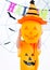 Happy Halloween Day. Little childhood holding orange face balloon pumpkin Jack have hat conceal faces