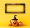 Happy Halloween decoration concept and frame on brick block wall with copy space