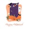 Happy Halloween! Door with pumpkin, eyes and ghost hand drawn cartoon style holiday concept