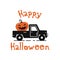 Happy Halloween emblem logo design. Holiday poster with pumpin, car and text - Happy Halloween. Vector holiday badge