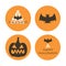 Happy Halloween emblems with bat, pumpkin, spider eggs in orange background with black color