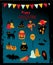 Happy Halloween Flat Vector Icon Set. Cute Cartoon Bundle Of Old Castle, Bat, Ghost, Candy, Coffin, Witch Cap, Black Cat, Pumpkin