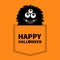 Happy Halloween. Fluffy black monster silhouette in the pocket. Hands up. Cute cartoon scary funny character. Baby collection. T-s