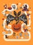 Happy Halloween flyer template in a flat style with festive map, funny and spooky cartoon characters and place for text
