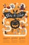 Happy Halloween flyer template in a flat style with festive map, funny and spooky cartoon characters and place for text