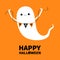 Happy Halloween. Flying ghost spirit holding bunting flag Boo. Cute cartoon kawaii spooky baby character. Scary white ghosts.