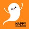 Happy Halloween. Flying ghost spirit holding hands up. Boo. Cute cartoon kawaii spooky baby character. Scary white ghosts. Smiling