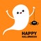 Happy Halloween. Flying ghost spirit holding spider insect. Cute cartoon kawaii spooky baby character. Scary white ghosts. Smiling