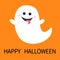 Happy Halloween. Flying ghost spirit showing tongue. Boo. Scary white ghosts. Cute cartoon spooky character. Smiling face, hands.