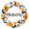 Happy Halloween frame. Round wreath with Pumpkins, candle, witch hat, bat, spider, cobweb. Hand drawn autumn vector