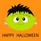 Happy Halloween. Frankenstein Zombie monster round face icon. Cute cartoon funny spooky baby character. Green head. Greeting card.