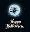 Happy Halloween. Full moon, witch flying on broomstick