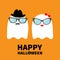 Happy Halloween. Ghost spirit family couple with lips, mustaches and eyeglasses, hat, bow. Scary white ghosts. Cute cartoon charac
