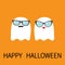 Happy Halloween. Ghost spirit family couple with lips, mustaches and eyeglasses. Scary white ghosts. Cute cartoon character. Smili