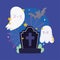 Happy halloween, gravestone ghosts and bat night star trick or treat party celebration