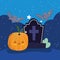 Happy halloween, gravestone pumpkin bats night trick or treat party celebration