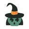 Happy halloween, green skull with witch hat trick or treat party celebration flat icon design