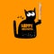 Happy halloween greeting card or banner with Black cat holding ninja katana knife isolated on orange background. Funny