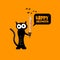 Happy halloween greeting card or banner with Black cat holding ninja katana knife isolated on orange background. Funny