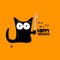 Happy halloween greeting card or banner with Black cat holding ninja katana knife isolated on orange background. Funny