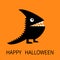 Happy Halloween greeting card. Black silhouette monster with sharp tail, horn, fang tooth, eye. Cute cartoon funny character. Baby