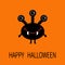 Happy Halloween greeting card. Black silhouette monster with thre eyes, teeth fang. Funny Cute cartoon character. Baby