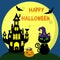 Happy Halloween. The Halloween cat in the witch hat sits on the background of the full moon. Next to the pumpkin with
