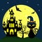 Happy Halloween. A Halloween cat in a witch hat sits on the background of a full moon. Tree, pumpkin, bats, spider webs and spider