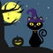 Happy Halloween. The Halloween cat witch-hat sits next to the pumpkin. A tree, a spider, a full moon at night. Flying vampires and