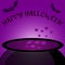 Happy Halloween. Halloween cauldron with purple potion and bubbles, bats.