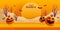 Happy Halloween. Halloween orange theme paper graphic cloud scene with group of 3D illustration pumpkin on studio table