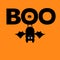 Happy Halloween. Hanging bat. Boo text with spider.Cute cartoon white scary spooky character set. Smiling face, wings. Orange