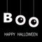 Happy Halloween. Hanging word BOO text Eyeballs bloody veins. Dash line thread. Greeting card. Flat design. Black background.