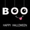 Happy Halloween. Hanging word BOO text Eyeballs bloody veins. Smiling mouth, tongue. Dash line thread. Greeting card. Flat design.