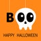 Happy Halloween. Hanging word BOO text Skull sceleton face bone. Eyes nose. Dash line thread. Greeting card. Flat design. Orange b