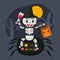 Happy Halloween. Happy skeleton character illustration with spider on scary background, cute cartoon