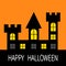 Happy Halloween. Haunted house Dark black castle tower silhouette. Switch on yellow light at the windows, triangle roof. Greeting