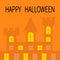 Happy Halloween. Haunted house shadow. Dark castle tower silhouette. Switch on yellow light at the windows, triangle roof. Greetin