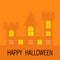 Happy Halloween. Haunted house shadow Dark castle tower silhouette. Switch on yellow light at the windows, triangle roof. Greeting