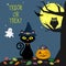 Happy Halloween. The Helluinsky cat in the witch s hat sits next to the tree. Pumpkin with sweets, owl, ghost, full moon