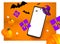 Happy Halloween holiday ad banner with soaring or flying mockup of mobil phone, gift boxes, orange pumpkins, purple