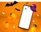 Happy Halloween holiday ad banner. Soaring or flying mockup of mobil phone, orange pumpkins, purple witch hat, bats and