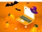 Happy Halloween holiday ad banner. Soaring or flying mockup of open computer, laptop or notebook, orange pumpkins