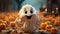 Happy halloween holiday background with cute ghost. Generative AI.