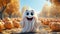 Happy halloween holiday background with cute ghost. Generative AI.