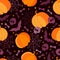 Happy Halloween holiday seamless pattern. Holiday background with scary pumpkins, bat, skull, bones, spider webs and skeleton.