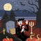 Happy Halloween holiday square design greeting card. Vampire in moonlight night cemetery with pumpkins and bats drink