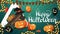 Happy Halloween, horizontal green greeting postcard with halloween balloons, pumpkin, garland, wooden sign, witch hat and pumpkin