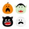 Happy Halloween icon set. Pumpkin, Vampire count Dracula, Mummy, Cat round face head. Cute cartoon funny spooky baby character.